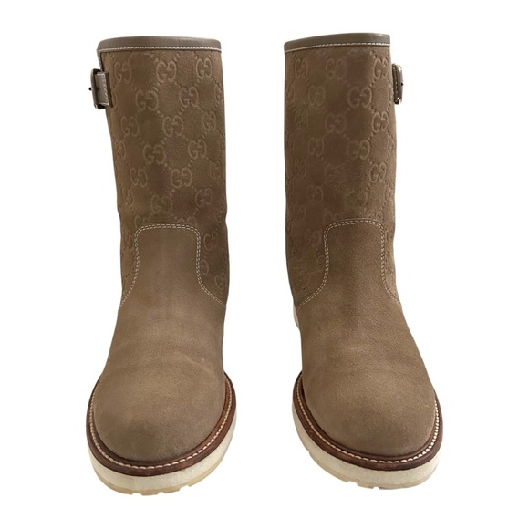 Gucci Beige Guccissima Taupe Suede Quercy Flat Buckle Boots Size 36.5 | US 6.5 - Picture 2 of 16